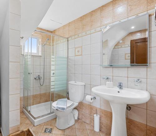 ein Bad mit einem WC, einem Waschbecken und einer Dusche in der Unterkunft Sea view villa Manolis with private pool near the beach in Kalyves