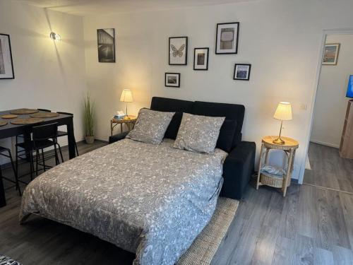 1 dormitorio con 1 cama, mesa y sillas en Appartement confort et balcon, en Ludon-Médoc