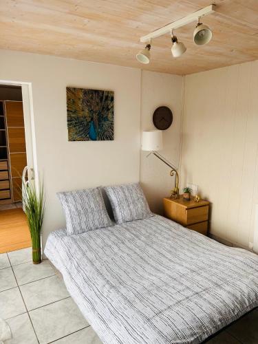 une chambre avec un lit et un tableau au mur dans l'établissement Gîte au bord du lac, à Vernet-la-Varenne