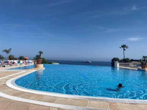 une personne dans une piscine avec l'océan en arrière-plan dans l'établissement Cannes appt 4 pers/4 F Renoir, à Cannes