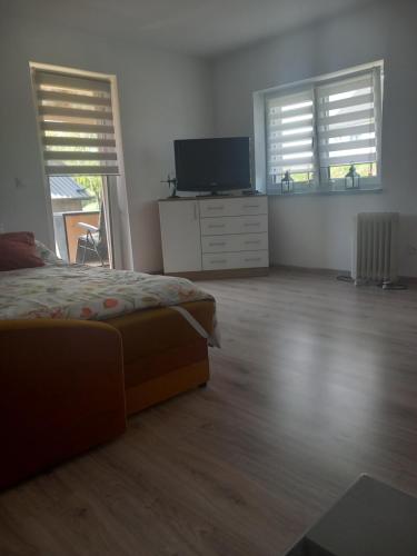 a bedroom with a bed and a flat screen tv at Domek Pod Prehybą -Agroturystyka in Gaboń
