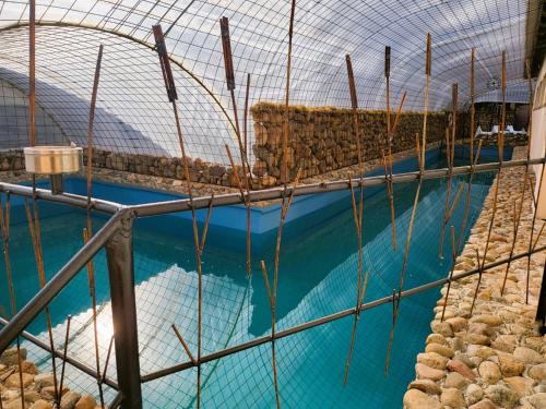 une clôture autour d'une piscine d'eau bleue dans l'établissement Hotel & Ferienpark Fleether Mühle, à Mirow