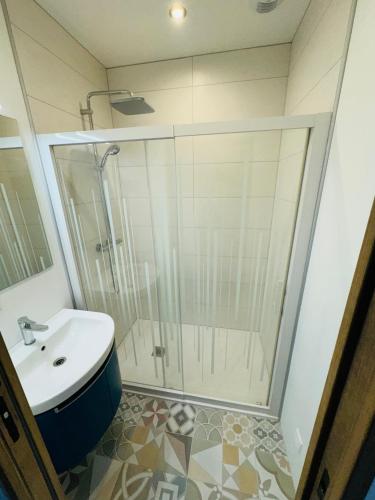 La salle de bains est pourvue d'une douche et d'un lavabo. dans l'établissement Maison au Pays Basque 6p, à Boucau