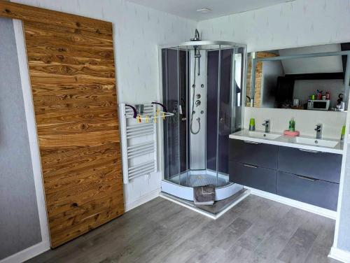 um chuveiro numa casa de banho ao lado de um lavatório em Chez madame loic em Fère-Champenoise