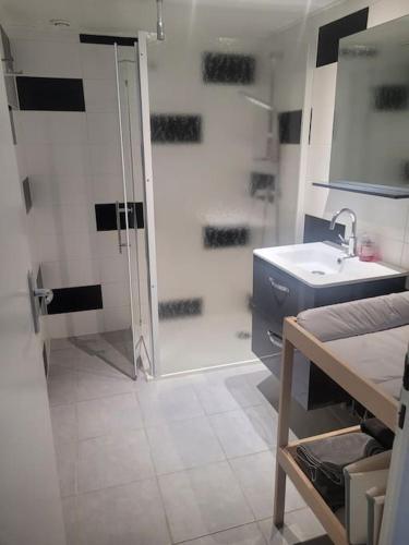 une salle de bain avec douche et lavabo dans l'établissement Petite maison au cœur des vignes, à Davayé