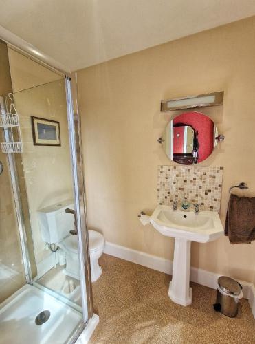 a bathroom with a toilet and a sink and a shower at The Pines Guest House in Elgin