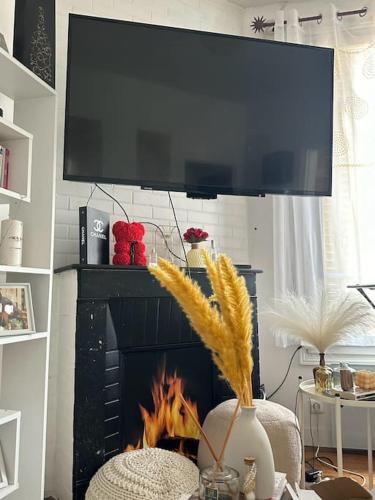 Il comprend un salon doté d'une cheminée et d'une télévision à écran plat. dans l'établissement Appart à dix minutes de Paris, à Vitry-sur-Seine