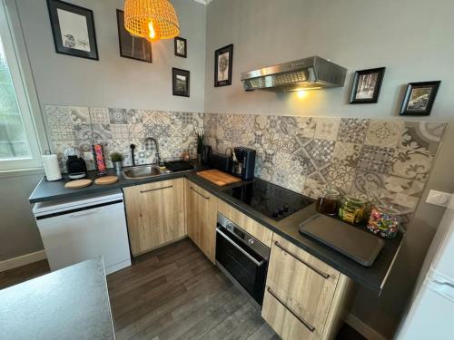 una piccola cucina con lavello e fornello di Belle maison médocaine a Saint-Julien-Beychevelle