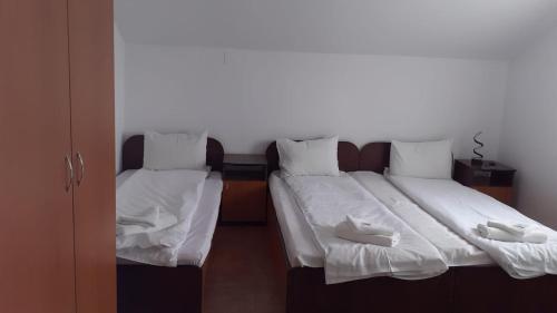 a bedroom with two twin beds with white sheets at Pensiunea HARTTAS in Maliuc