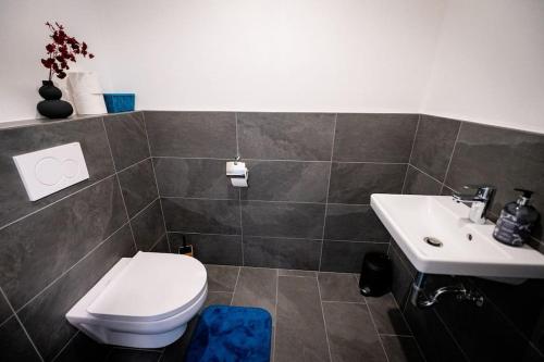 a bathroom with a toilet and a sink at Schicke Wohnung in Seenähe! in Lengau