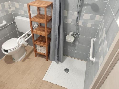 a small bathroom with a toilet and a shower at Casa Vacanza Mattirolo - Castagneto Po in Castagneto Po