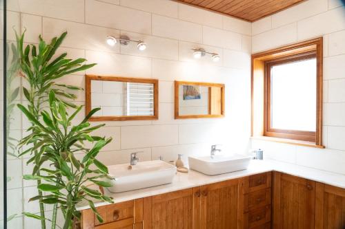 un bagno con due lavandini e una pianta in vaso di Villa Helda - Private Bedroom in a Shared Villa of 4 bedroom a Villaverde