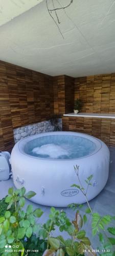 eine Whirlpool-Badewanne in einem Zimmer mit einer Wand in der Unterkunft Apartment Glavica in Goveđari