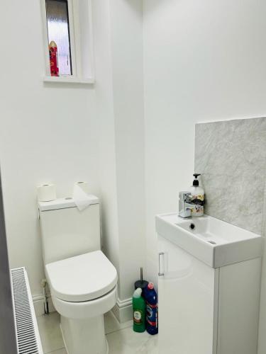 a white bathroom with a toilet and a sink at Deluxe Bungalow in Longham