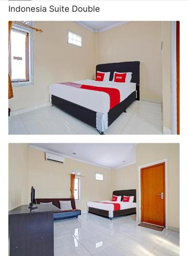 dwa zdjęcia sypialni z łóżkiem i biurkiem w obiekcie wisma wayang ajen syariah w mieście Cisalak