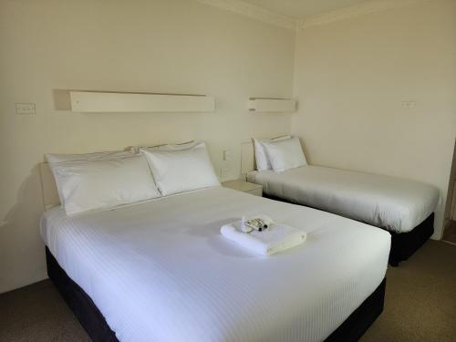 two beds in a hotel room with a stuffed animal on the bed at Motel Miramar in Nambucca Heads