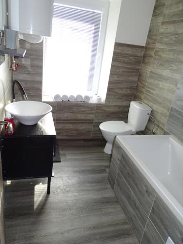 a bathroom with a toilet and a sink and a tub at Apartmán Nebužely 