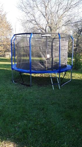 a blue trampoline in the grass in a park at Apartmány Roudnice in Jestrabi V Krkonosich