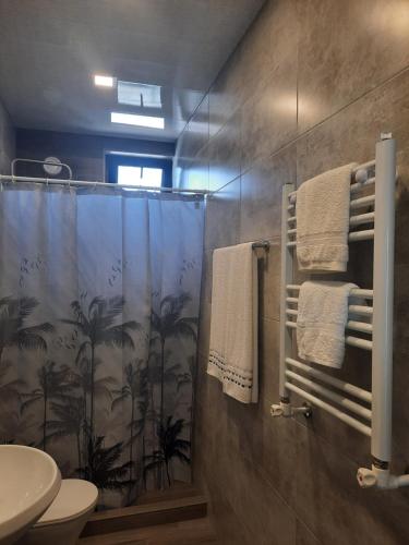 a bathroom with a shower curtain and a sink at Light house Dilijan in Dilijan