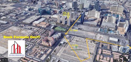 an aerial view of a city with a red line at MGM Signature-37-814 1Br 2Ba F1 Pits View Balcony in Las Vegas