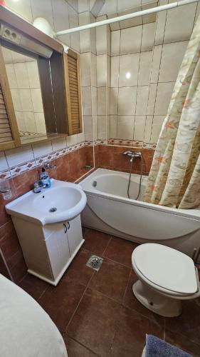 a bathroom with a tub and a toilet and a sink at Radenović, soba in Budva