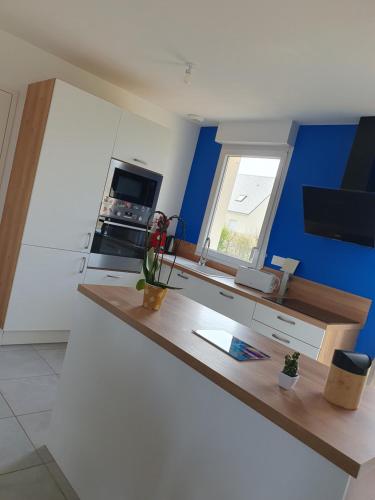 une cuisine avec un comptoir avec une cuisinière et une fenêtre dans l'établissement Location les Bruyères, à Saint-Germain-sur-Ay