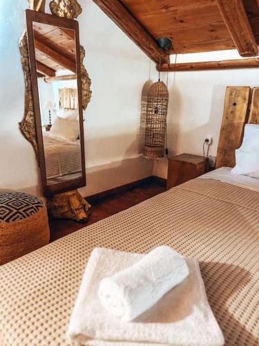 a room with a bed with a mirror and a bed sidx sidx sidx at Castaway's View Villa in Avlákia