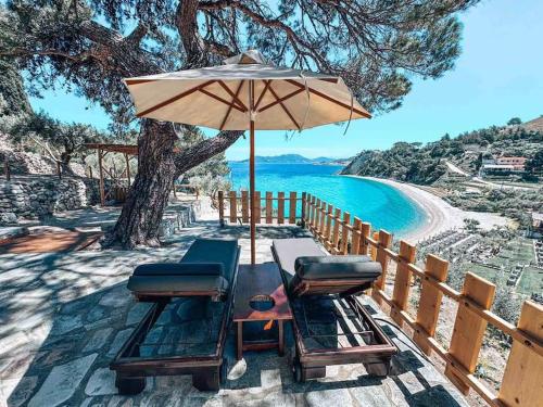 a table and chairs with an umbrella and the beach at Castaway's View Villa in Avlákia