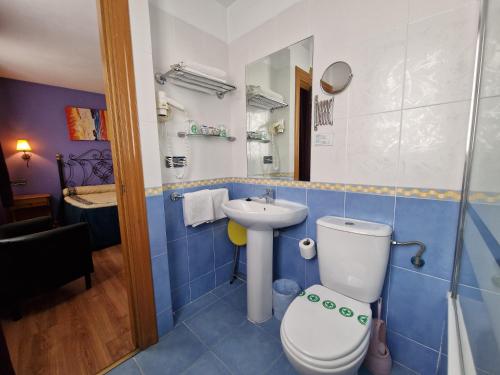 a blue and white bathroom with a toilet and a sink at Hotel Virginia R.H. in Vinuesa