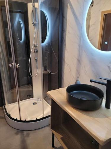 La salle de bains est pourvue d'une douche et d'un lavabo noir. dans l'établissement Gîte Forêt Vosgienne gitesdes2vallées, à Saint-Maurice-sur-Moselle