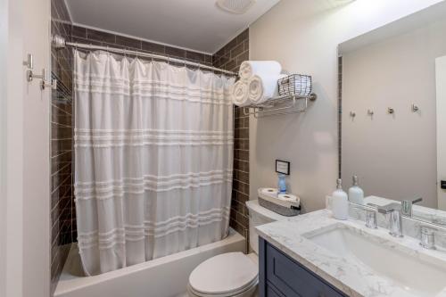 a bathroom with a shower curtain and a toilet and a sink at Hemlock Hideaway in Ellijay