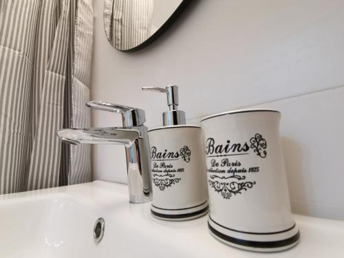 ein Waschbecken mit zwei Zahnbürsten und einem Spiegel in der Unterkunft City Center Accommodation - 108 in Reşiţa