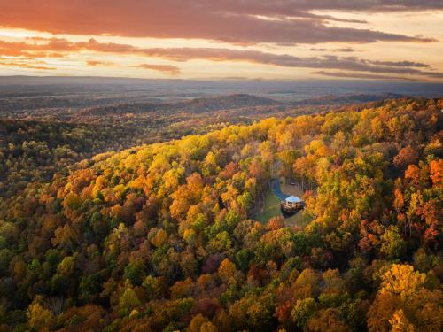 an aerial view of a forest in the fall at Skyline Yurt: Hot Tub~Wood Stove~WiFi~EVcharger in Front Royal