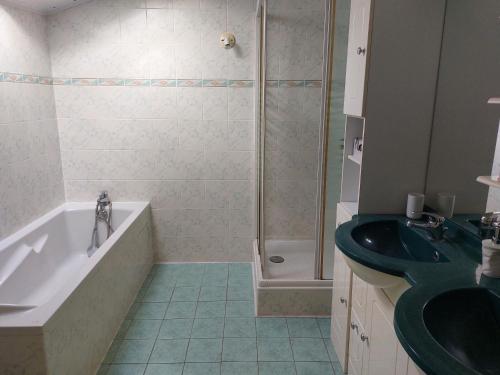 une salle de bain avec une baignoire, un lavabo et une douche dans l'établissement Appartement à 2 pas du centre ville 6 personnes, au Puy-en-Velay