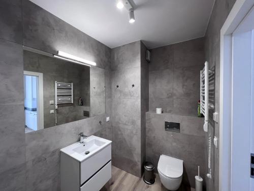 ein Badezimmer mit Waschbecken, Toilette und Spiegel in der Unterkunft Apartamenty MIW Dziwnów 21 in Dziwnów