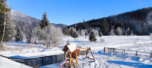 a snow covered field with trees and mountains at Casa de Vacanta Predeal in Predeal