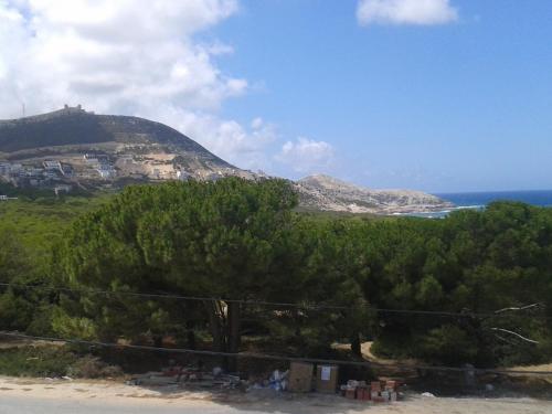 widok na wzgórze z drzewami i ocean w obiekcie maison à louer les grottes Bizerte Tunisie w mieście Dar el Koudia