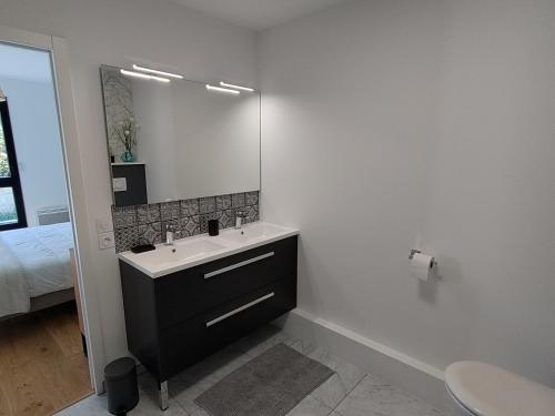 une salle de bain avec un lavabo et un miroir dans l'établissement Évasion en bord de mer - 350m plage - Garage privé, à Concarneau