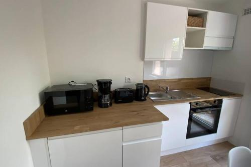 - une cuisine avec un comptoir, un four micro-ondes et un évier dans l'établissement « Le scandinave » T2 wifi, terrasse et parking, à Thonon-les-Bains