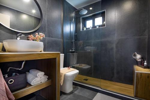 W łazience znajduje się umywalka, toaleta i prysznic. w obiekcie Santy Villa w mieście Gerani