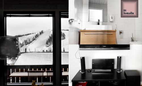 two pictures of a bathroom with a sink and a window at Ameno 1 Himos by DG Lomailu in Jämsä