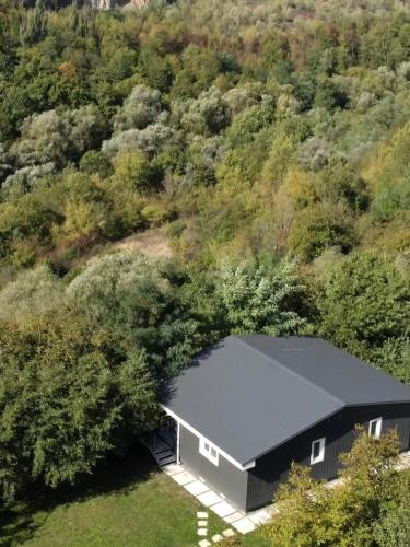 an overhead view of a black building in a forest at TwinHouse "Family Estate" in Kamianets-Podilskyi