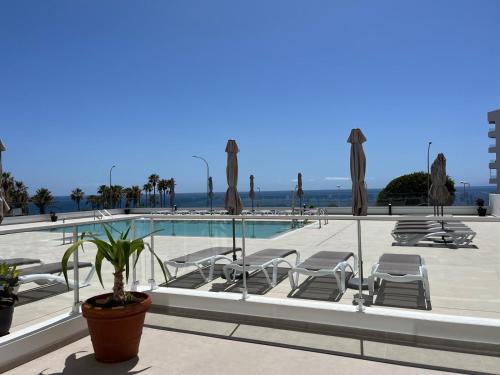 a swimming pool with lounge chairs and umbrellas at Albatros Apartments by Malibu in Callao Salvaje