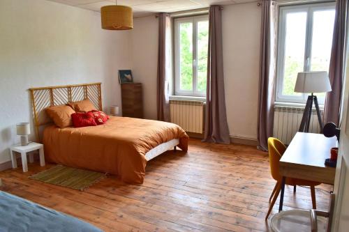 1 dormitorio con 1 cama y 2 ventanas en Appartement 3 pièces très lumineux, en Saint-Vallier