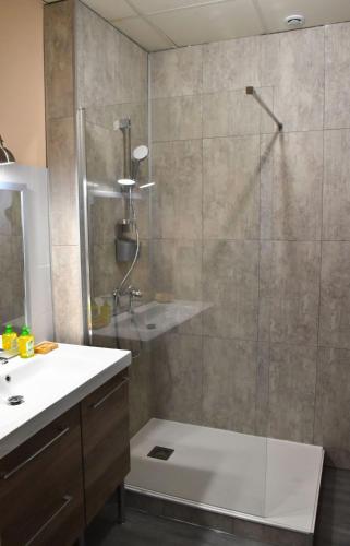 une salle de bain avec une douche avec une porte vitrée dans l'établissement Appartement 3 pièces très lumineux, à Saint-Vallier