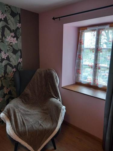 un salon avec une chaise et une fenêtre dans l'établissement demeure de la vielle tour, à Rancourt