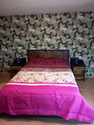 a bed with a pink comforter in a bedroom at demeure de la vielle tour in Rancourt