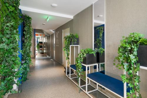 a hallway with plants on the walls and blue benches at Riva Mamaia Beach Apart Hotel in Mamaia
