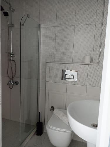 a bathroom with a shower and a toilet and a sink at Aydın Pansiyon in Ortaca