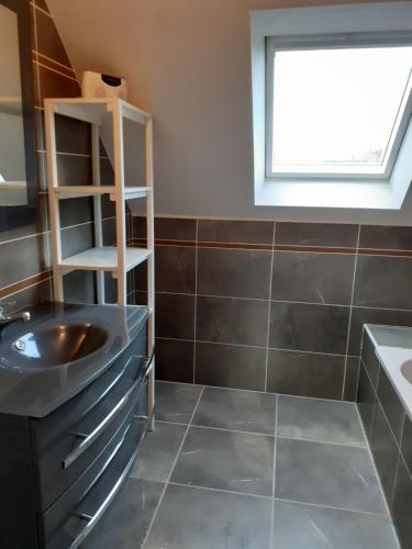 La salle de bains est pourvue d'un lavabo et d'un porte-parole. dans l'établissement Maison à la campagne proche de l'Océan, à Le Juch